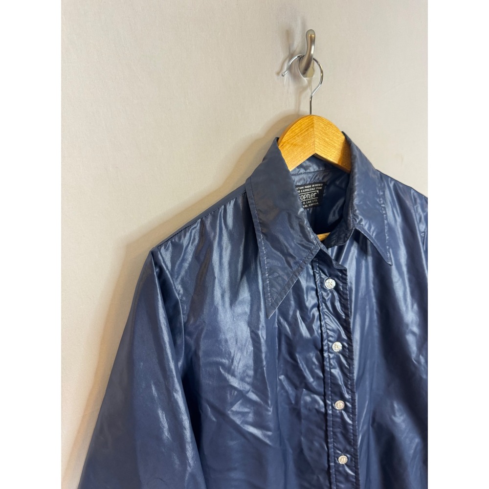 Vintage 70s Topher Navy Blue Shiny Coated Button Shirt Pointed Collar Montreal - Picture 5 of 10